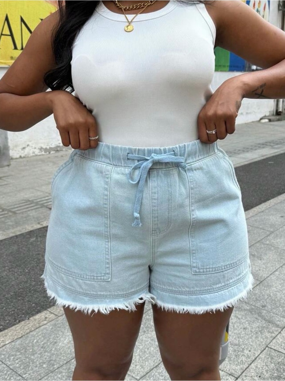 Light Wash Denim Drawstring Frayed Shorts